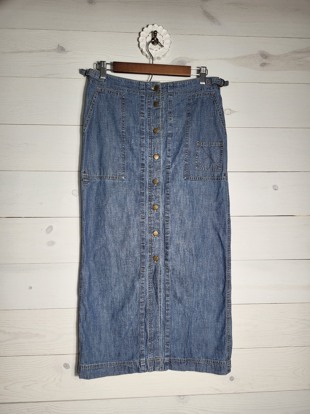 Vintage Ralph Lauren Jeans Co. Skirt Midi Maxi Cotton Denim Gold Button Front.